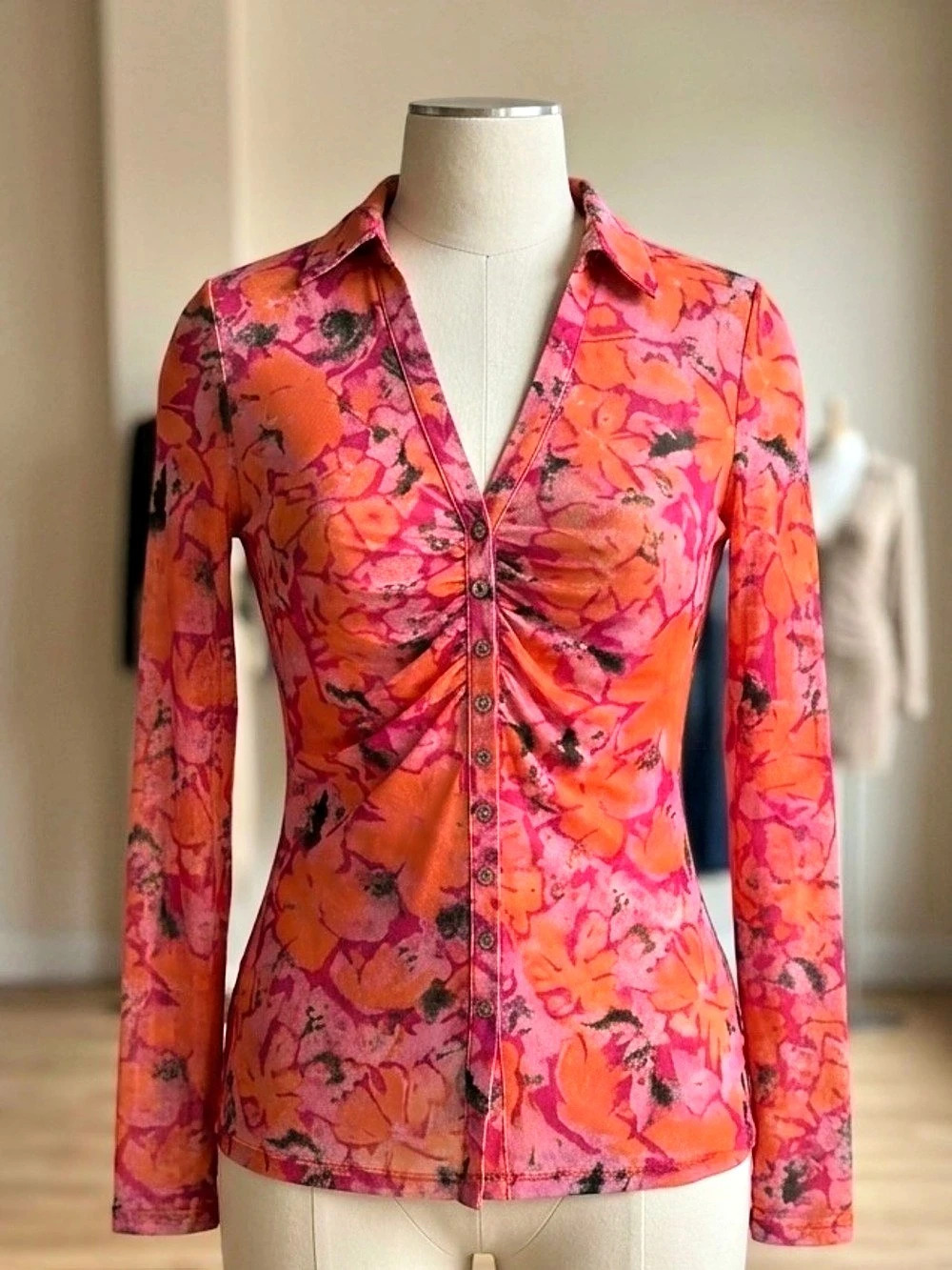 Free People Through the Meadow Top Floral Pink & Orange Sheer Mesh